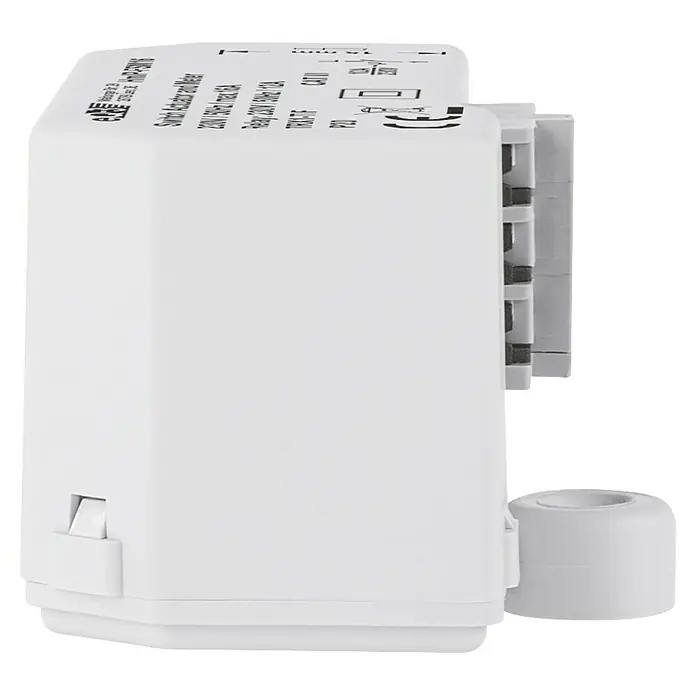 Homematic IP Funkschalter Mess-Aktor HmIP-FSM16 - 230 V, 16 A, 41 x 54 x 33 mm - Nahaufnahme eines weißen Schaltaktuators mit gut sichtbaren Produktinformationen und Anschlussklemmen.