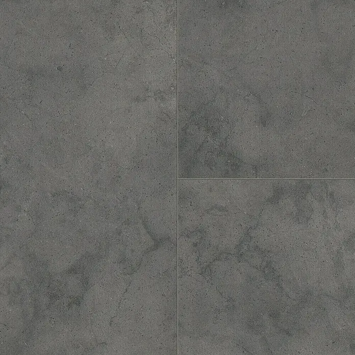 LOGOCLIC Ceramico Laminatmuster Dark Slate - 300 x 330 x 8 mm, Fliesenoptik - Nahaufnahme von grauen Bodenfliesen. Die Oberfläche der Bodenfliesen ist rau und weist kleine Flecken und Linien auf.