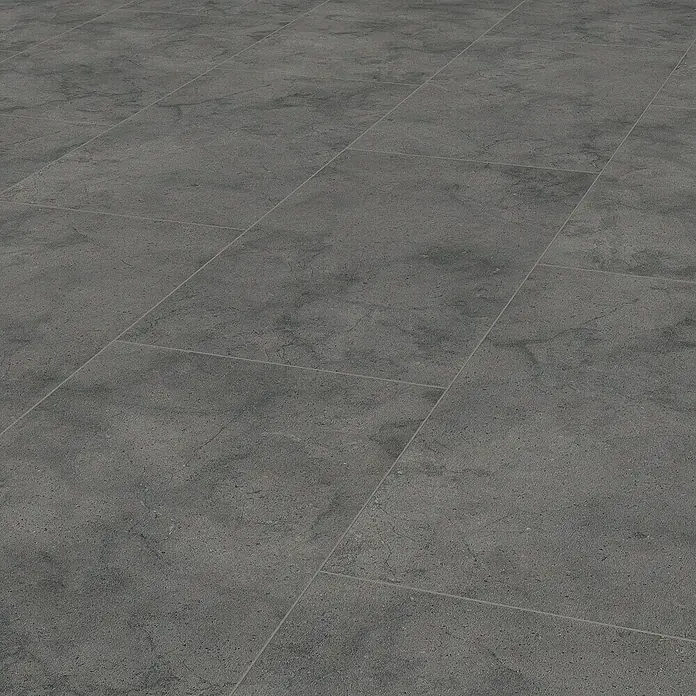 LOGOCLIC Ceramico Laminatmuster Dark Slate - 300 x 330 x 8 mm, Fliesenoptik - Nahaufnahme von grauen Bodenfliesen mit einer leicht rauen Textur und feinen Fugen, die ein modernes Ambiente schaffen.