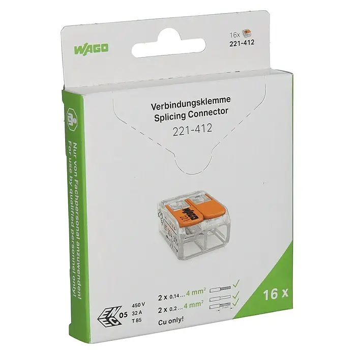 Wago Compact Hebelklemme 221-412Anzahl Leiter: 2 Stk., 0,14 mm² - 4 mm², 16 Stk. - Bild einer Packung WAGO 221-412 Verbindungsklemmen, die eine sichere und zuverlässige Verbindung elektrischer Leiter gewährleisten.