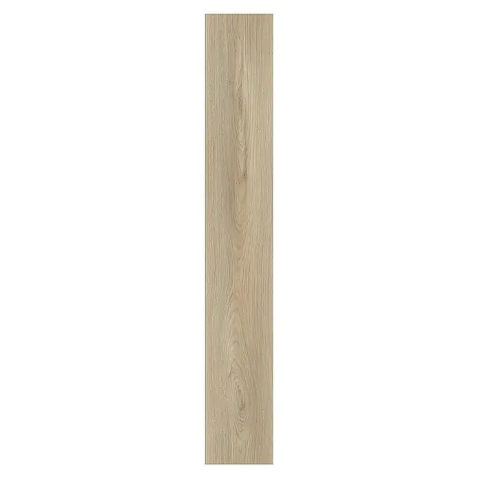 LOGOCLIC Ambienta Laminat - Eiche Erusa, Landhausdiele, 1.288 x 195 x 10 mm - Detailaufnahme einer einzelnen, hellen Holzfliese mit einer markanten Maserung, ideal für moderne Boden- oder Wandgestaltung.