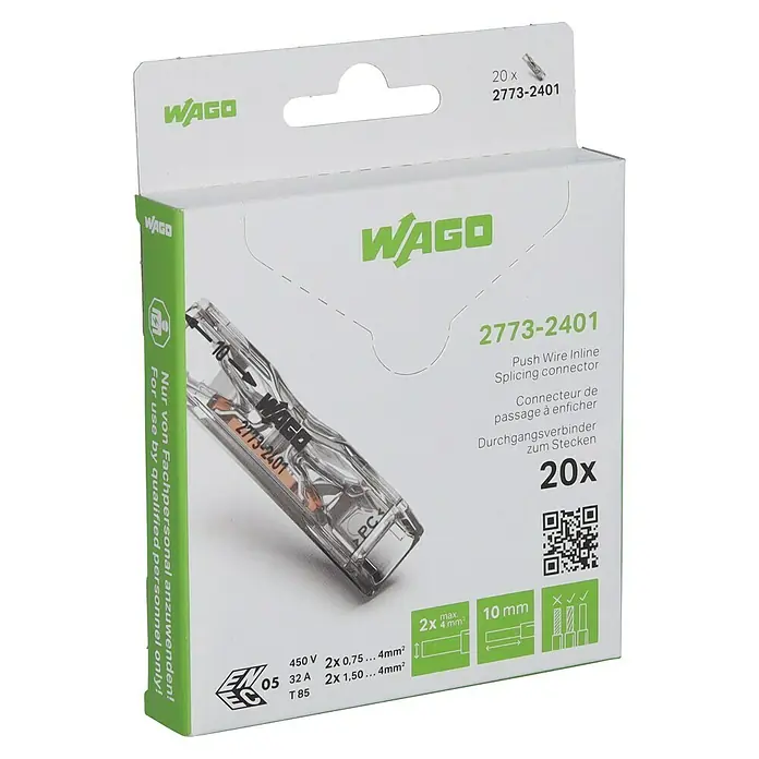 Wago Durchgangsklemme zum Stecken 2773-2401 - 20 Stk. - Verpackung für Wago 2773-2401 Push Wire Inline Spleißverbinder. Enthält 20 Stück für sichere elektrische Verbindungen.