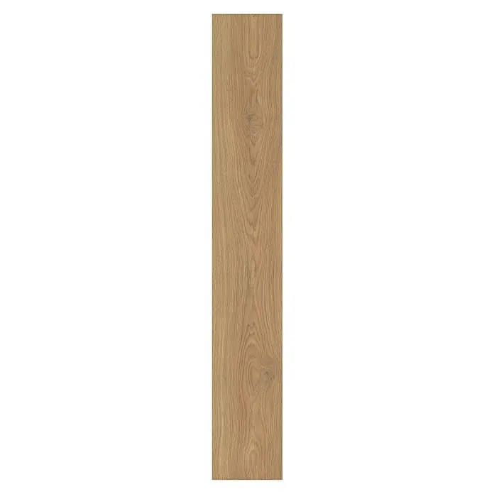 LOGOCLIC Silentos Laminatmuster Eiche Almina - 300 x 192 x 9 mm, Landhausdiele - Nahaufnahme eines einzelnen Laminatbretts mit einer hellbraunen Holzmaserung und Ästen, die dem Brett ein rustikales Aussehen verleihen.