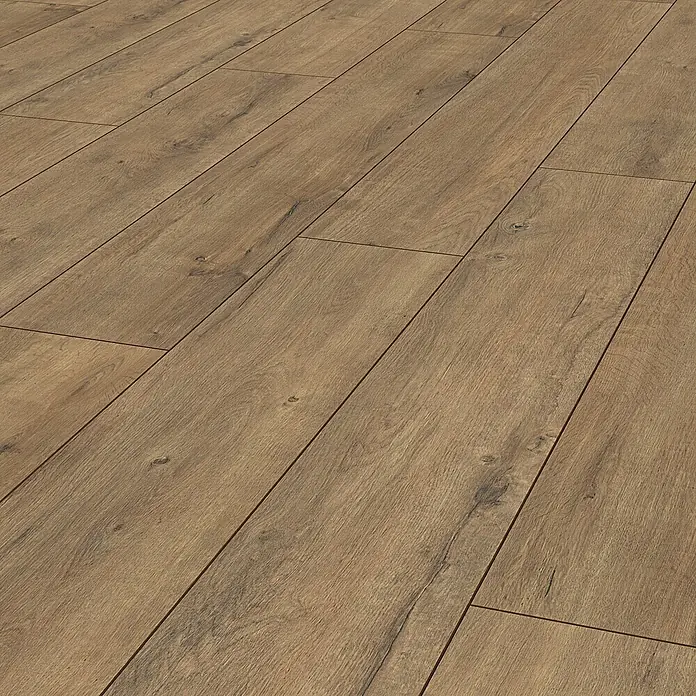 LOGOCLIC Ambienta Laminatmuster Eiche Apolo - 300 x 195 x 10 mm, Landhausdiele - Nahaufnahme eines robusten Laminatbodens in warmen Brauntönen, der eine natürliche Holzoptik für ein gemütliches Ambiente bietet.