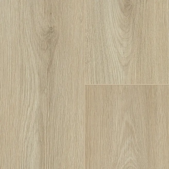 LOGOCLIC Ambienta Laminat - Eiche Erusa, Landhausdiele, 1.288 x 195 x 10 mm - Nahaufnahme von hellem Laminatboden, der die Holzstruktur und die Paneelverbindungen deutlich zeigt.