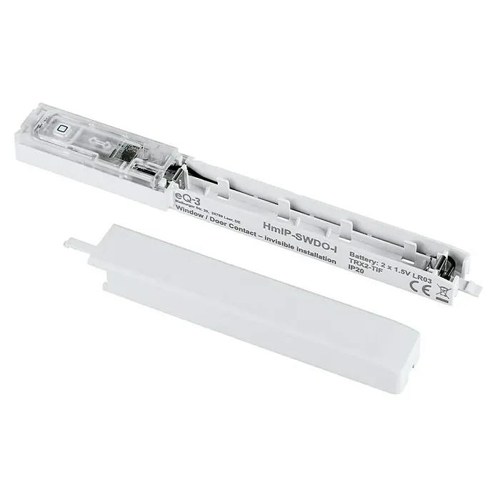 Homematic IP Fenster- & Türsensor HmIP-SWDO-I - Weiß, 19 x 166,5 x 12,5 mm, Batteriebetrieben - Bild eines Homematic IP Fenster- und Türkontakts zur unsichtbaren Installation, ideal für Smart Home Anwendungen.