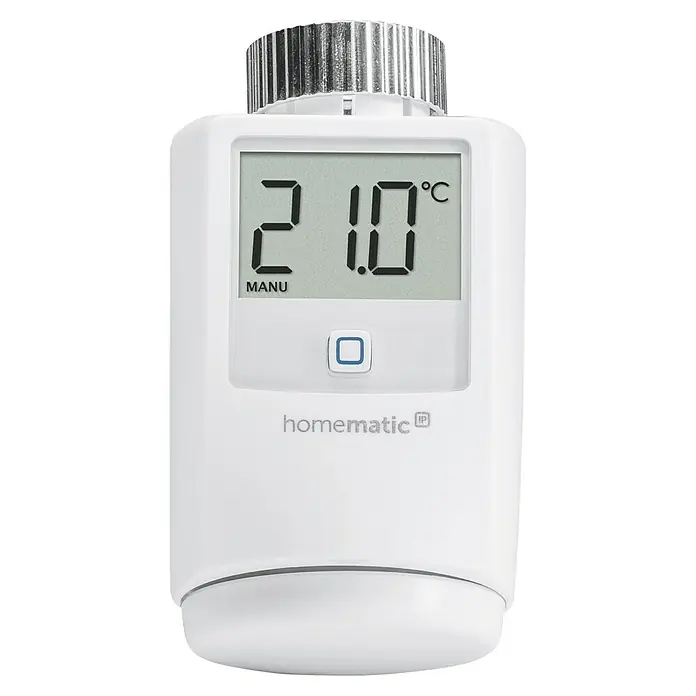 Homematic IP Heizkörper-Thermostat HmIP-eTRV-2 - Ventilanschluss: M30 x 1,5 mm, Batteriebetrieben, 97 x 58 x 71 mm, Weiß, 1 Stk. - Nahaufnahme eines Homematic IP Heizkörperthermostats mit digitaler Anzeige von 21,0°C im manuellen Modus.