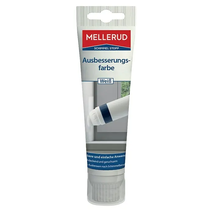 Mellerud Ausbesserungsfarbe - Weiß, 90 ml, Matt - Eine Tube Mellerud Ausbesserungsfarbe Schimmel Stopp in Weiß, ideal zur Ausbesserung nach Schimmelbefall, mit einfacher Anwendung und guter Deckkraft.
