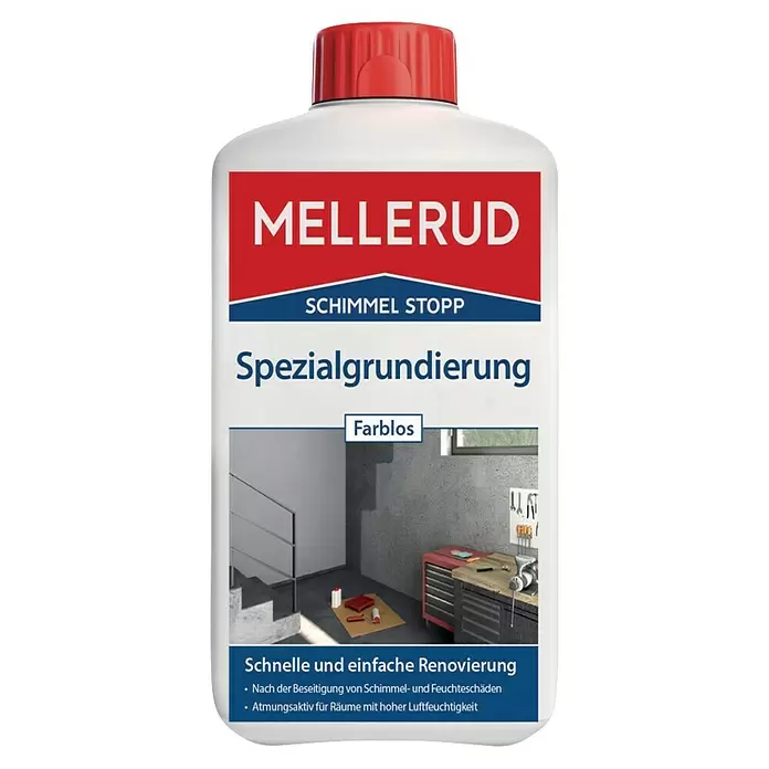Mellerud Spezialgrundierung - Farblos, 1 l - Weiße Flasche Mellerud "Schimmel Stopp" Spezialgrundierung, farblos, für Schimmel- und Feuchteschäden, in Kellerrenovierung verwendet.