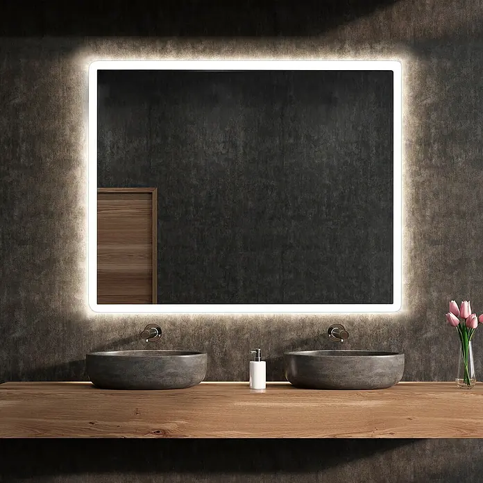Camargue Lichtspiegel Astro - 80 x 70 cm, Leuchtmittel - Beleuchteter Badspiegel mit Waschbecken. Das perfekte Accessoire für ein modernes Badezimmer mit zwei Waschbecken.