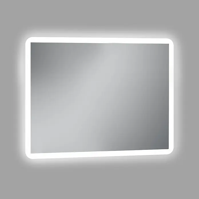 Camargue Lichtspiegel Astro - 100 x 70 cm, Leuchtmittel - Ein rechteckiger LED-beleuchteter Badezimmerspiegel mit abgerundeten Ecken vor einem grauen Hintergrund.