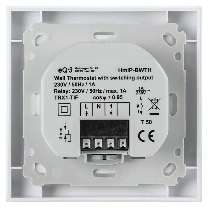 Homematic IP Funk-Raumthermostat HmIP-BWTHNetzbetrieben, 230 V/50 Hz, 54 x 86 x 86 mm Back View