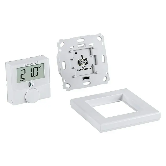 Homematic IP Funk-Raumthermostat HmIP-BWTH24 - Netzbetrieben, 24 V, 54 x 86 x 86 mm - Ein Homematic IP Wandthermostat mit Display, Basiseinheit und Rahmen zur Temperaturregelung im Smart Home.