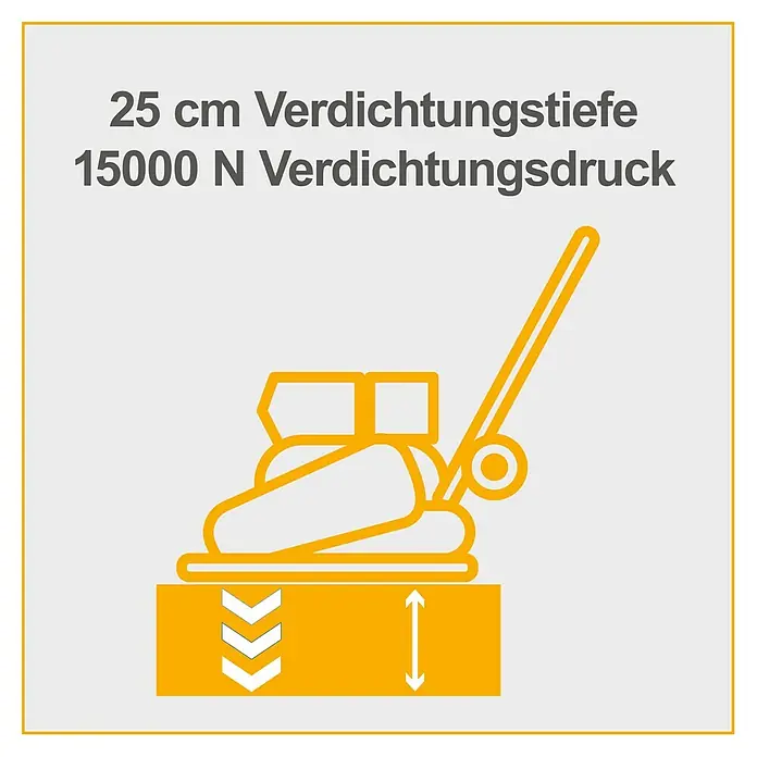 Herkules Rüttelplatte RP1200 - 4,1 kW, Verdichtungsdruck: 1.500 kg - Bild einer Rüttelplatte mit einer Verdichtungstiefe von 25 cm und einem Verdichtungsdruck von 15000 N.