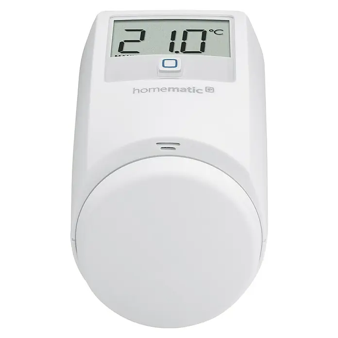 Homematic IP Heizkörper-Thermostat HmIP-eTRV-2 - Ventilanschluss: M30 x 1,5 mm, Batteriebetrieben, 97 x 58 x 71 mm, Weiß, 1 Stk. - Nahaufnahme eines Homematic IP Heizkörperthermostats mit LCD-Anzeige, die 21,0 °C anzeigt, ideal für smarte Heizungssteuerung.