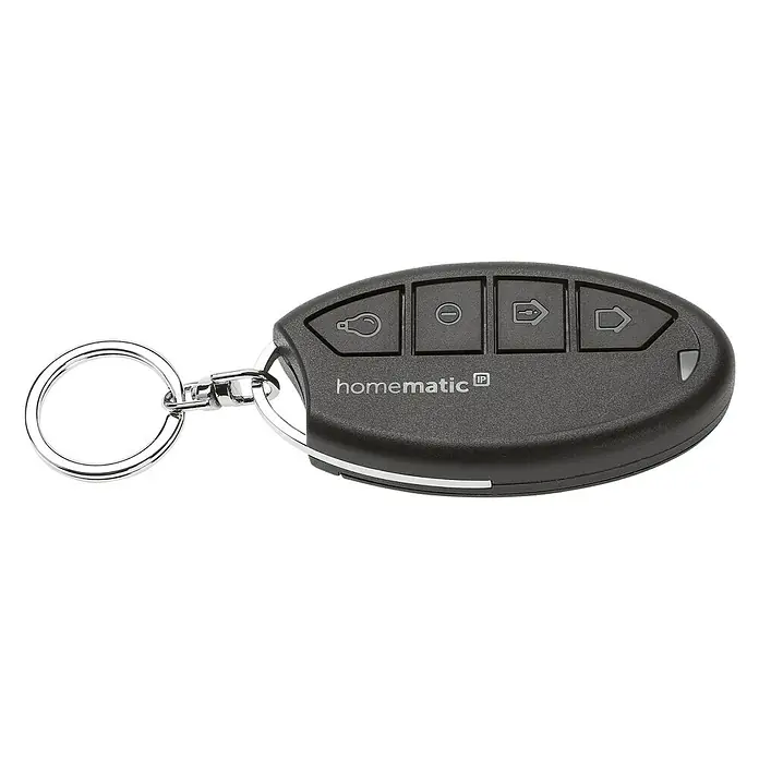Homematic IP Funkfernbedienung Schlüsselanhänger Alarm HmIP-KRCA - Schwarz, 14 x 38 x 75 mm - Abbildung einer Homematic IP-Fernbedienung, eines Geräts zur Steuerung von Smart-Home-Funktionen, mit Schlüsselanhänger.