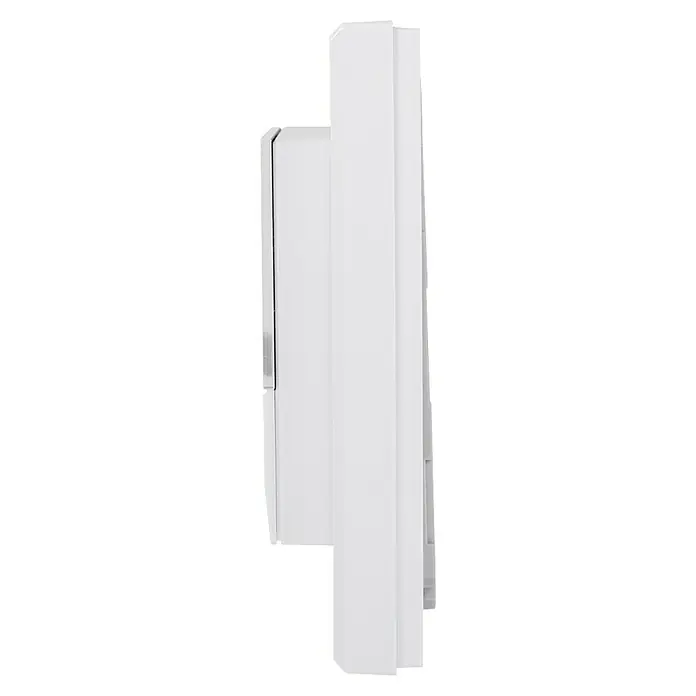 Homematic IP Funk-Temperatursensor HmIP-STHD - Weiß, 25 x 86 x 86 mm, Batteriebetrieben, Display - Nahaufnahme eines weißen Klimageräts. Das minimalistische Design des Geräts wird durch die klare Formgebung betont.