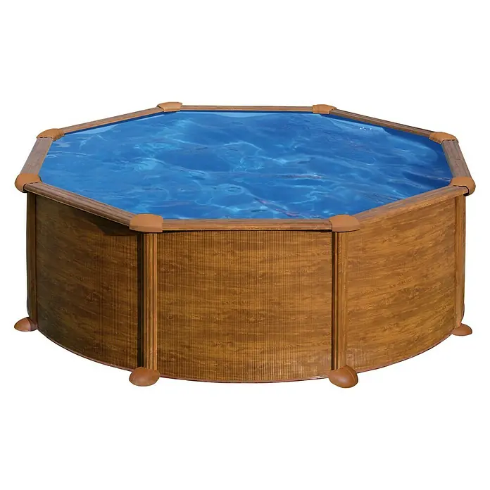 Gre Piscina de acero desmontable Mauritius - Ø x Al: 350 x 132 cm, Marrón claro, 11.250 l - Una piscina de madera octogonal llena de agua azul. La piscina es robusta y visualmente atractiva.