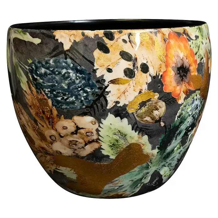 Ter Steege Übertopf rund Berry - Ø x H: 21 x 16 cm, Metall, Blau/Orange - Dekorative schwarze Vase mit farbenfrohen Herbstblumen- und Blattmotiven, teilweise mit goldenen Akzenten und Hochglanz-Finish.