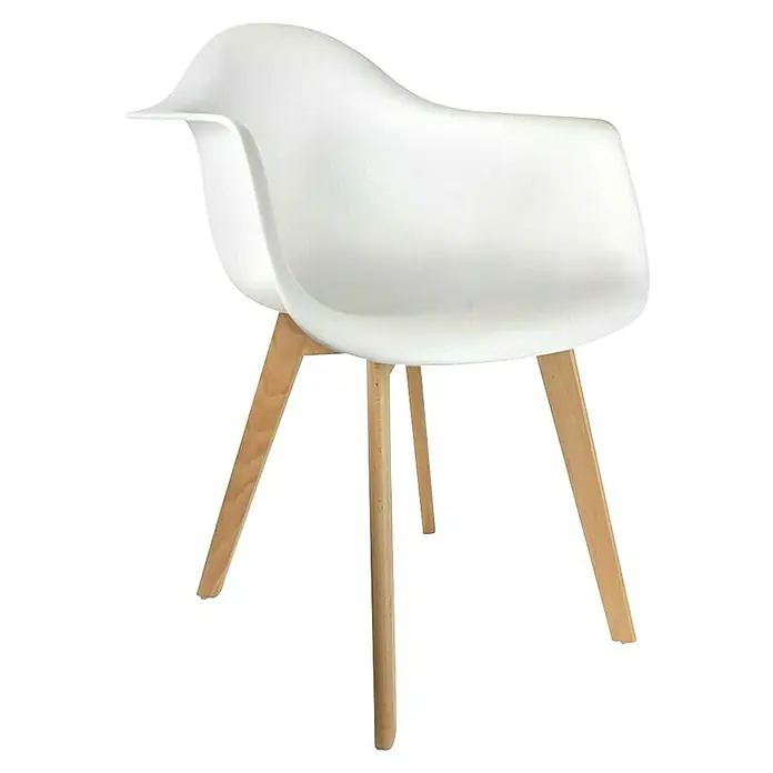 Home Deco Factory Silla butaca Mobilier Design - Blanco, 2 pzs. - Primer plano de un moderno sillón blanco con patas de madera sobre un fondo neutro.