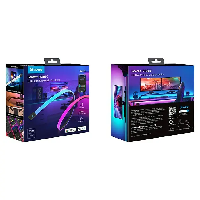 Govee Smart-LED-Band Gaming Table Neon Light H61C2 - 36 W, 100 V - 240 V - Die Govee RGBIC LED Neon Seilleuchte für Schreibtische in ihrer Verpackung, mit Infos zu Funktionen und Länge.