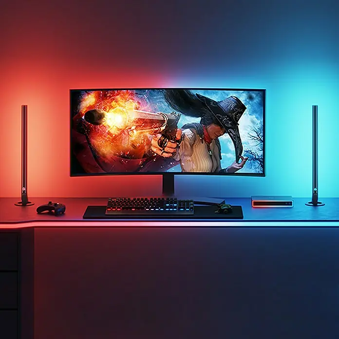 Govee Smart-LED-Band Gaming Table Neon Light H61C2 - 36 W, 100 V - 240 V - Modernes Gaming-Setup mit einem großen Monitor, umgeben von farbigen Lichtern und Zubehör wie Tastatur, Maus und Controller.
