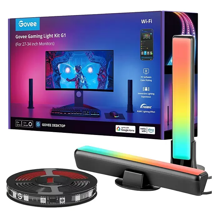 Govee Set PC Monitor Pro Kit H6608 - Kabellänge: 1,5 m, RGBW, Passend für: 27-34 Zoll Monitore - Govee Gaming Light Kit G1: schwarze RGB-Lichtleisten, aufgerolltes RGB-Lichtband, Produktbox.