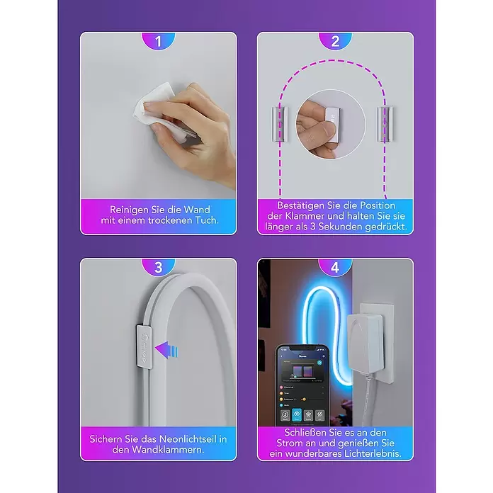 Govee Befestigungsclip-Set - Passend für: Govee Neon-LED-Streifen in H61A1-Profilen - Schritt-für-Schritt-Anleitung zur Installation eines Neonlichtbands mit Wandclips. Reinigen, Clips befestigen, Licht einsetzen und anschließen.