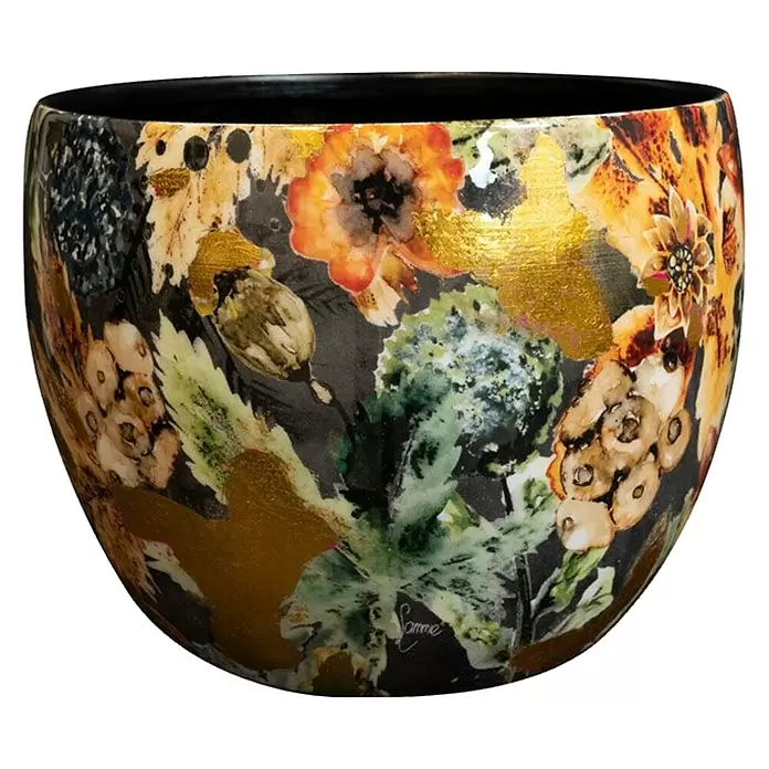 Ter Steege Übertopf rund Berry - Ø x H: 15 x 12 cm, Metall, Blau/Orange - Dekorative Schale mit dunklem Inneren, buntem Blumenmuster und Goldakzenten außen.