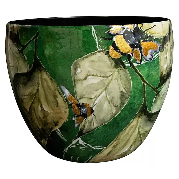 Ter Steege Übertopf rund Bee - Ø x H: 20 x 16 cm, Metall, Grün - Dekorative Schale mit grünem Blätter- und goldenem Hummelmuster.