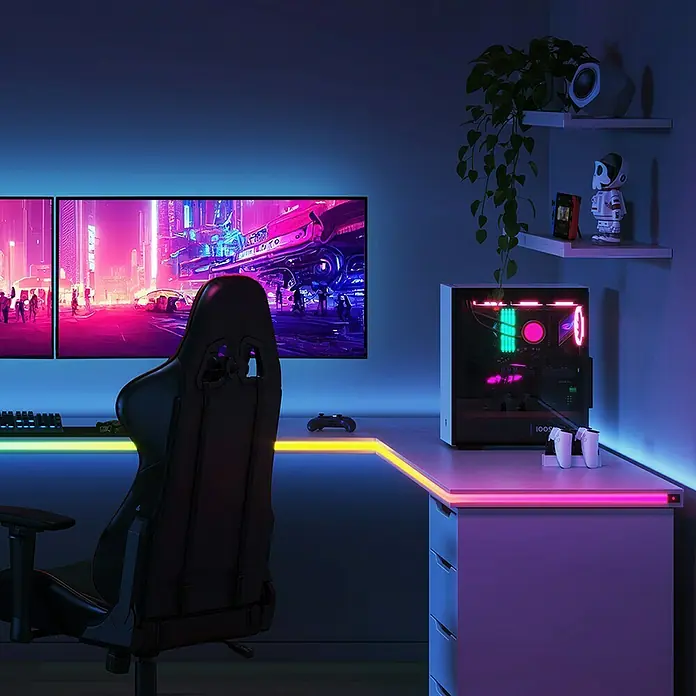 Govee Smart-LED-Band Gaming Table Neon Light H61C2 - 36 W, 100 V - 240 V - Gaming-Setup mit beleuchtetem Schreibtisch, Monitor und PC. Die RGB-Beleuchtung sorgt für eine stimmungsvolle Atmosphäre beim Spielen.