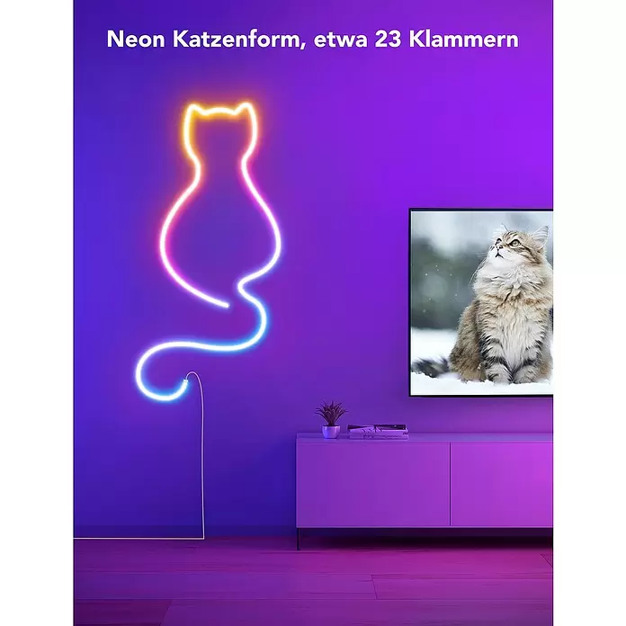Govee Befestigungsclip-Set - Passend für: Govee Neon-LED-Streifen in H61A1-Profilen - Eine bunte Neonleuchte in Katzenform, gelb, pink und blau leuchtend, an einer violetten Wand als Raumdeko.