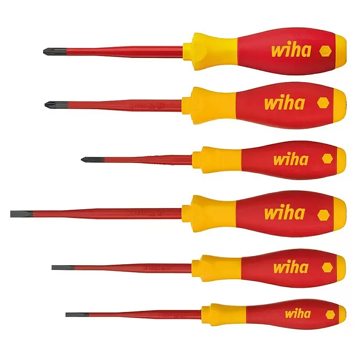 Wiha Schraubendreher-Set SoftFinish® electric slimFix VDE - 6 -tlg., SL, PH, SL/PZ - Rote und gelbe isolierte Wiha Schraubendreher mit verschiedenen Spitzen (Kreuzschlitz, Schlitz).