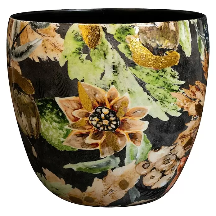 Ter Steege Übertopf rund Berry - Ø x H: 17 x 15 cm, Metall, Blau/Orange - Dekorativer Keramiktopf mit dunklem Grund, Blumen- und Blattmuster, goldenen Blüten und Metallakzenten.