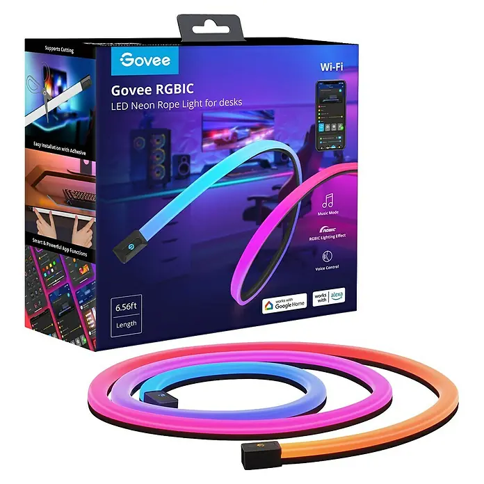 Govee Smart-LED-Band Gaming Table Neon Light H61C2 - 36 W, 100 V - 240 V - Das Bild zeigt die Govee RGBIC LED Neon Seil Lichtleiste für Schreibtische, die für eine stimmungsvolle Beleuchtung sorgt.