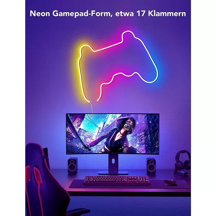 Govee Befestigungsclip-Set - Passend für: Govee Neon-LED-Streifen in H61A1-Profilen - Mehrfarbige Neon-Gamepad-Leuchte an der Wand über einem Gaming-Tisch installiert.