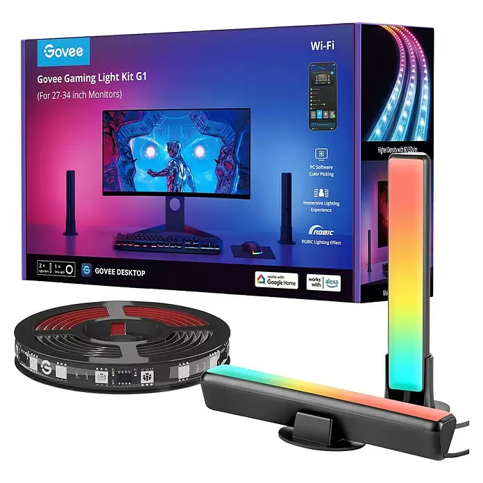 Govee Set PC Monitor Pro Kit H6608 - Kabellänge: 1,5 m, RGBW, Passend für: 27-34 Zoll Monitore - Schwarzes Govee Gaming Light Kit G1 mit zwei Lichtleisten, einem LED-Streifen und Verpackung, RGBIC-Beleuchtung für 27-34 Zoll Monitore.