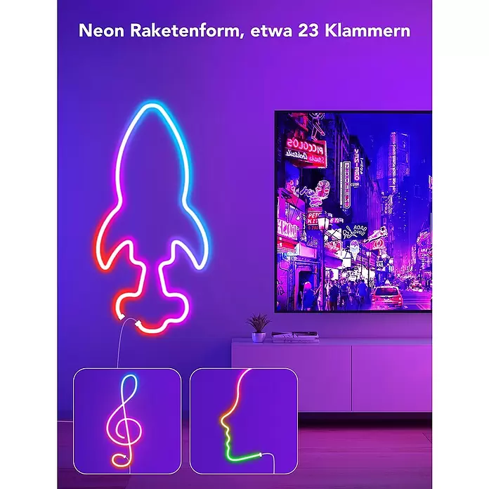 Govee Befestigungsclip-Set - Passend für: Govee Neon-LED-Streifen in H61A1-Profilen - Leuchtende Neon-Raketenform an einer Wand. Kleinere Bilder zeigen weitere mögliche Designs wie einen Violinschlüssel und ein Gesichtsprofil.