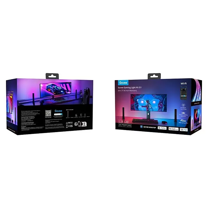 Govee Set PC Monitor Pro Kit H6608 - Kabellänge: 1,5 m, RGBW, Passend für: 27-34 Zoll Monitore - Govee Gaming Light Kit G1 Verpackung, lila/blau, zeigt Lichtleisten und Streifenlicht für Gaming-Monitore (27-34 Zoll).