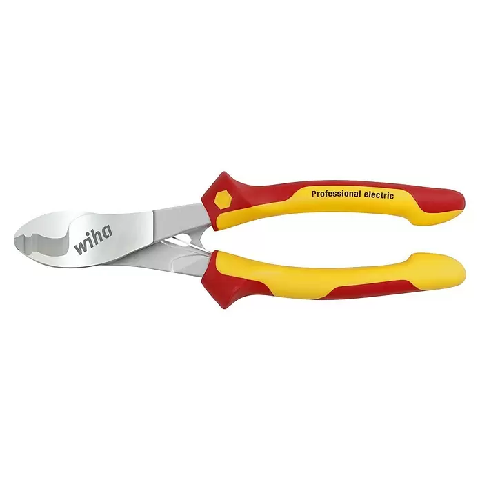 Wiha Professional electric Kabelschere VDE 180 - Länge: 180 mm, Querschnittsfläche max 50 mm² - Rot-gelbe isolierte Seitenschneider mit „Professional electric“-Schriftzug.