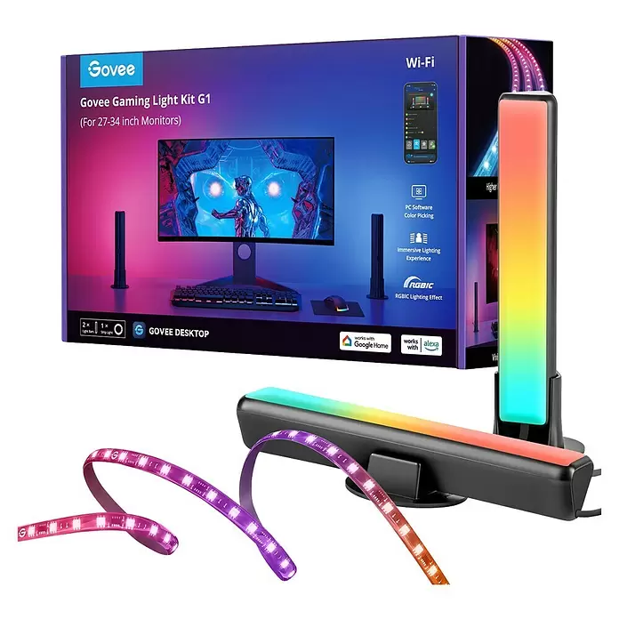 Govee Set PC Monitor Pro Kit H6608 - Kabellänge: 1,5 m, RGBW, Passend für: 27-34 Zoll Monitore - Govee Gaming Light Kit G1 mit farbigen LED-Lichtbalken, einem Lichtstreifen und der Produktverpackung. Für 27-34 Zoll Monitore.