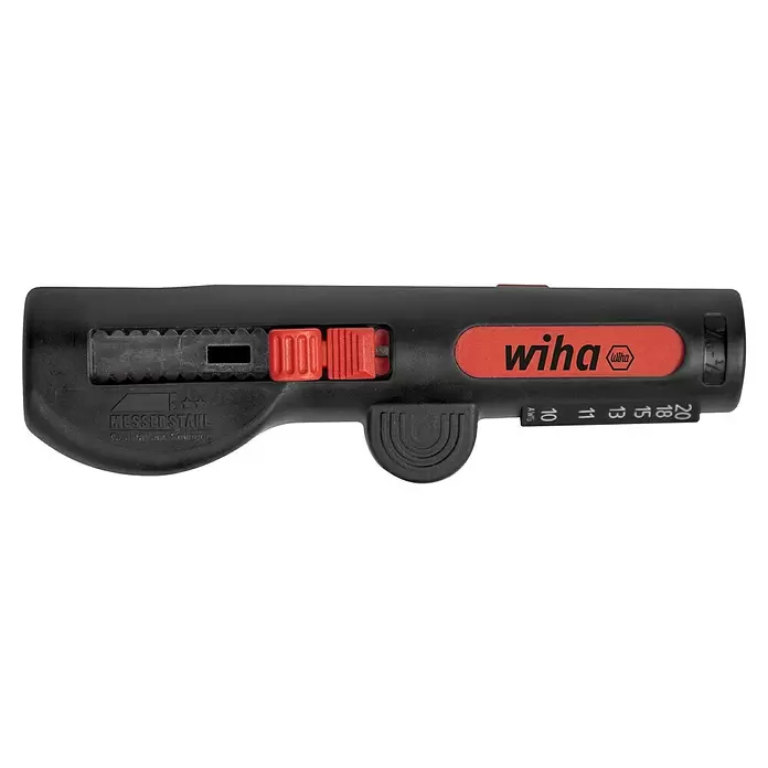 Wiha Abisolierwerkzeug für Rundkabel - Passend für: Abisolierbereich Querschnitt 0,5 - 6,0 mm² - Schwarze Wiha Abisolierzange mit roten Schiebern und AWG-Größenangaben (10-20).