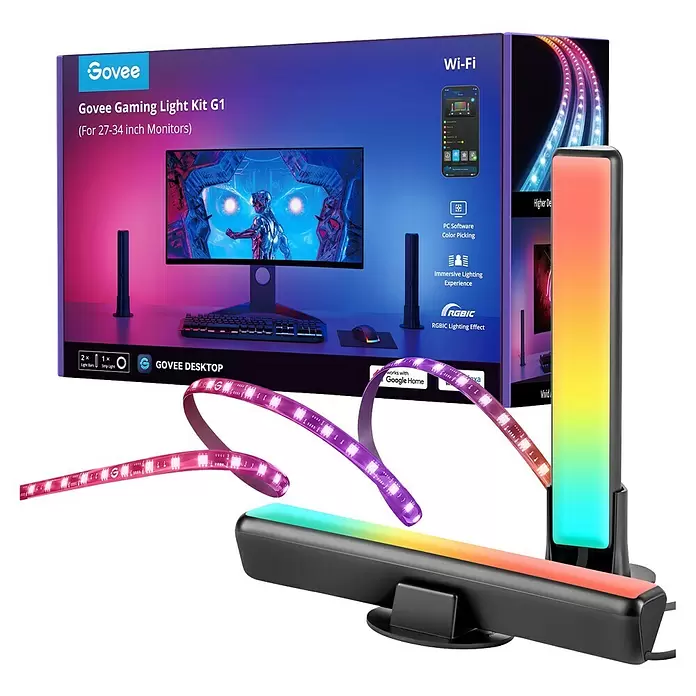 Govee Set PC Monitor Pro Kit H6608 - Kabellänge: 1,5 m, RGBW, Passend für: 27-34 Zoll Monitore - Govee Gaming Light Kit G1 mit Box, zwei mehrfarbigen Lichtleisten und einem lebendigen RGBIC-Lichtstreifen für 27-34 Zoll Monitore.