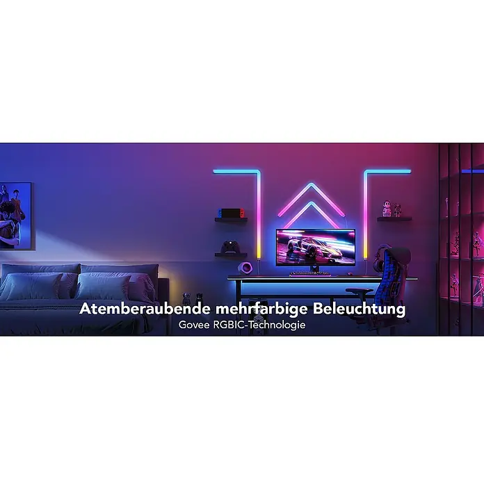 Govee LED-Wandleuchte Glide Wall Light H6062 - 36 W, Weiß, RGBW - Ein Zimmer mit dem Govee RGBIC-Beleuchtungssystem, das eine lebendige, mehrfarbige Atmosphäre für Gaming und Entspannung schafft.