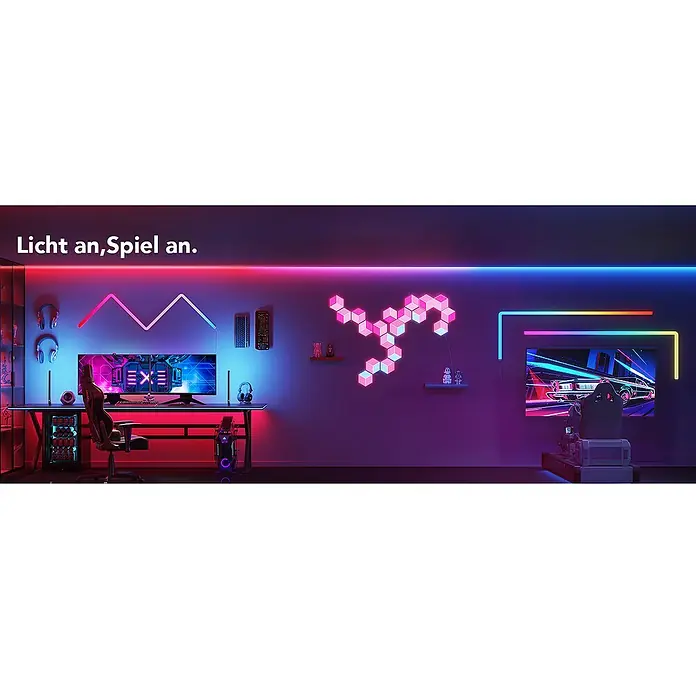 Govee LED-Wandleuchte Glide Wall Light H6062 - 36 W, Weiß, RGBW - LED-Beleuchtung im Gaming-Zimmer mit Lichtleisten an der Decke und dekorativen Elementen an der Wand, stimmungsvolle Atmosphäre.
