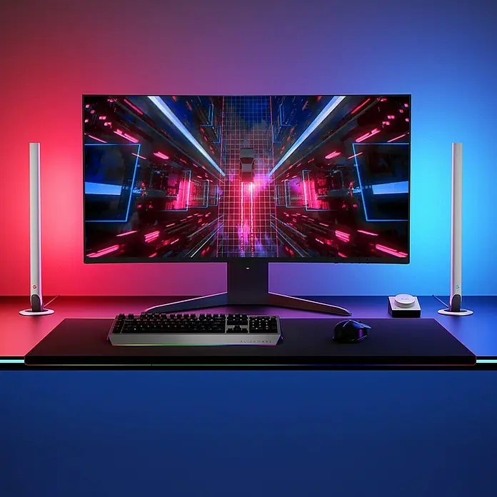 Govee LED-Tischleuchte Gaming Light Bars H6047 - L x B x H: 9 x 19,5 x 44 cm, RGBW - Gaming-Setup mit großem Monitor, Tastatur, Maus und RGB-Beleuchtung für ein immersives Spielerlebnis. Ideal für Gamer, die Wert auf Ästhetik legen.