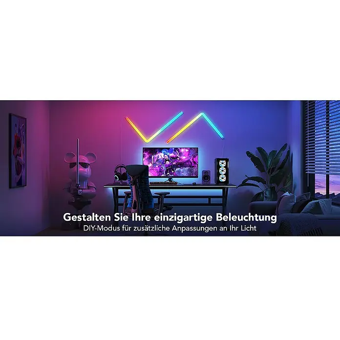 Govee LED-Wandleuchte Glide Wall Light H6062 - 36 W, Weiß, RGBW - Ein farbenfrohes Gaming-Zimmer mit intelligenter LED-Beleuchtung, die eine einzigartige Atmosphäre schafft und individuelle Anpassungen ermöglicht.