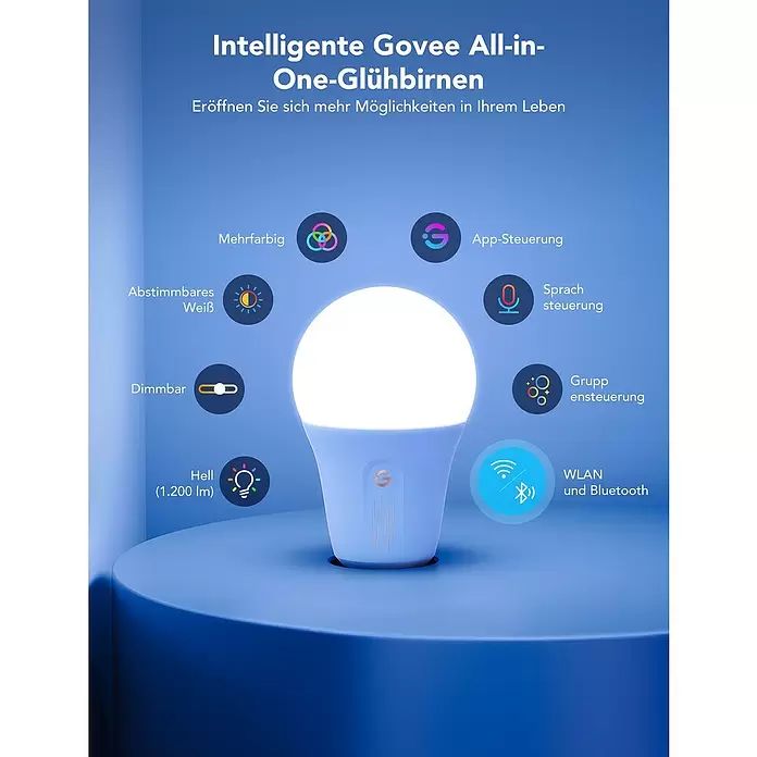 Govee Smart-LED-Lampe H6009 - E27, Dimmbar, RGBW, 1.200 lm, 12 W - Govee Smart-Glühbirne mit Multicolor-, abstimmbarem Weiß-, Dimm- und Helligkeitsoptionen (1200lm), App-, Sprach- und Gruppensteuerung, WLAN/Bluetooth.