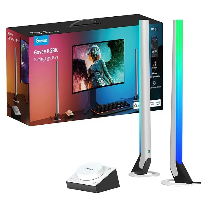 Govee LED-Tischleuchte Gaming Light Bars H6047 - L x B x H: 9 x 19,5 x 44 cm, RGBW - Govee RGBIC Gaming Light Bars Produkt. Umfasst die farbige Verkaufsverpackung, zwei weiß-schwarze Lichtleisten mit RGB-Beleuchtung und einen weiß-schwarzen Bedienknopf.