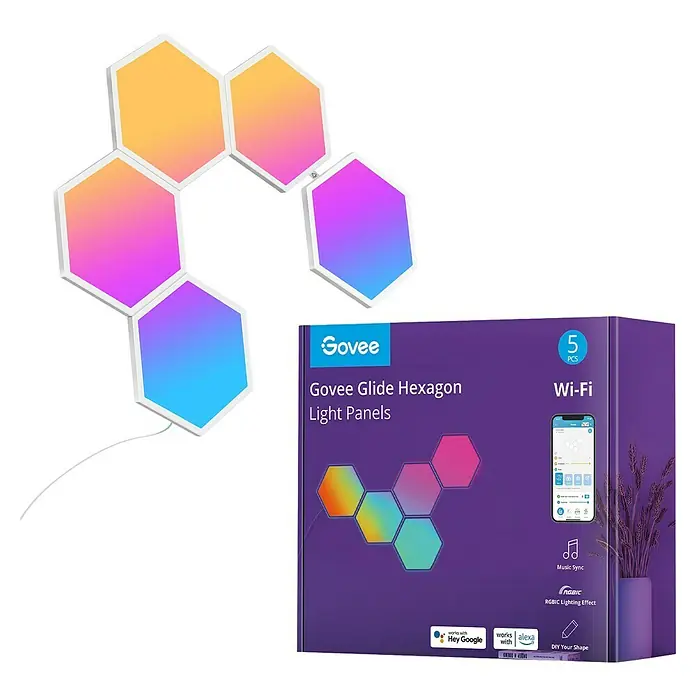 Govee Starterkit Glide Hexa Light Panels B6061 - Weiß - Das Bild zeigt das Govee Glide Hexagon Light Panels Set mit fünf smarten, farbenfrohen LED-Panels und zugehöriger Verpackung.